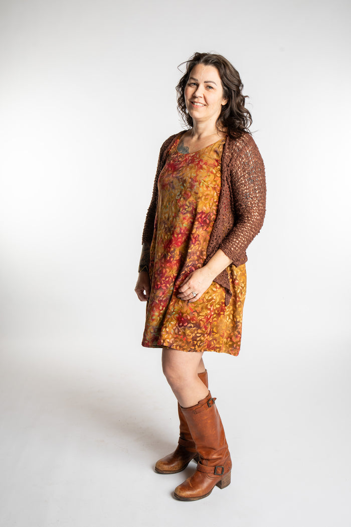 Morgan is wearing the Amber Surya Batik Sundress in size M