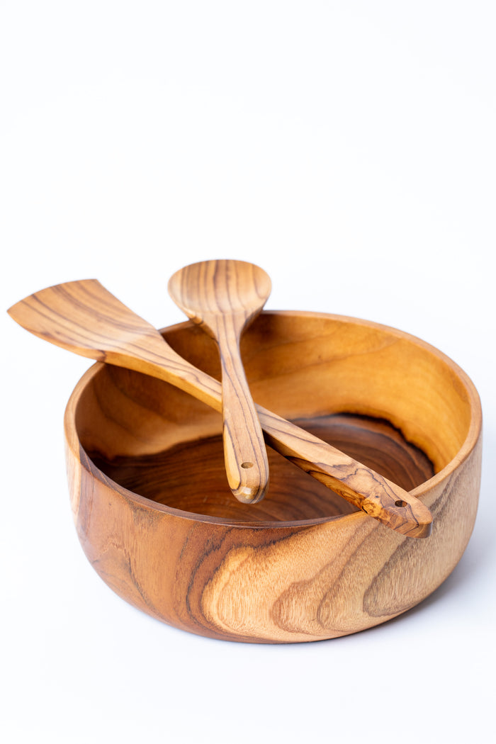Surya Teak Wood Salad Bowl and Serving Utensils