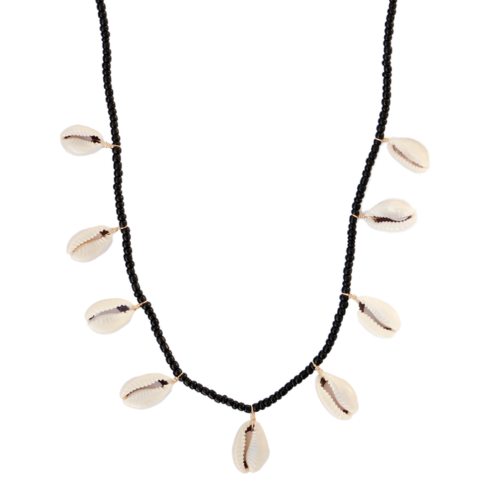 Sweet Escape Island Girl Necklace, flat lay cowrie shells