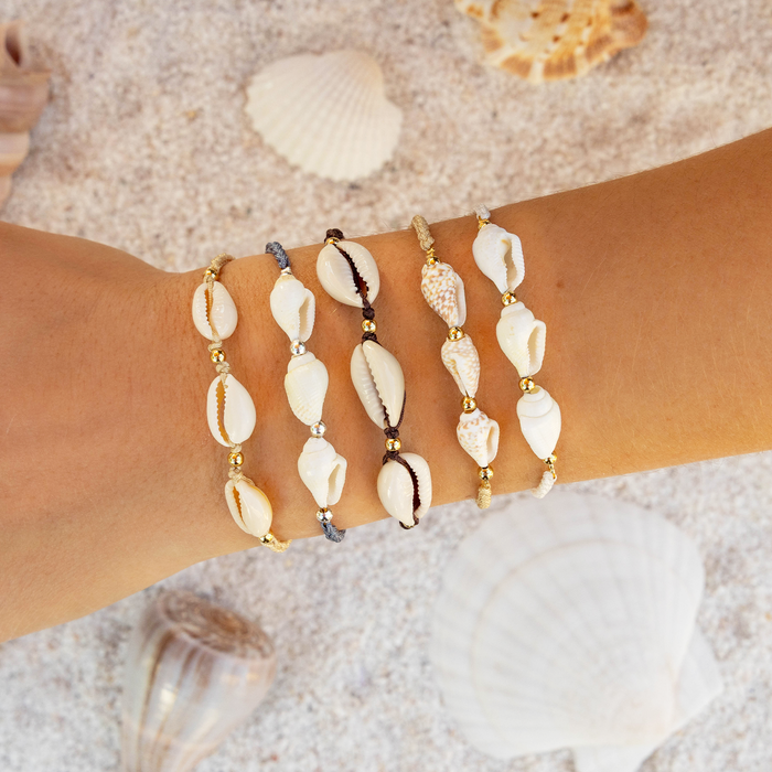 Swell Braided Shell Bracelet, cowrie shells on wrist