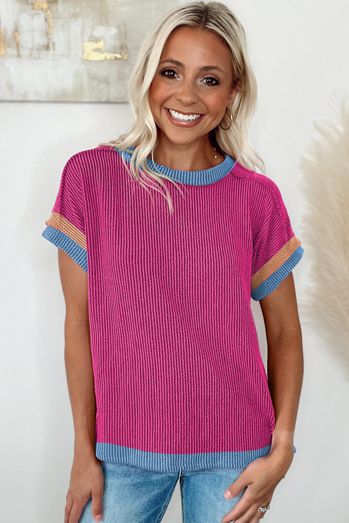 T-shirt à col rond et bordure contrastée texturé rose vif