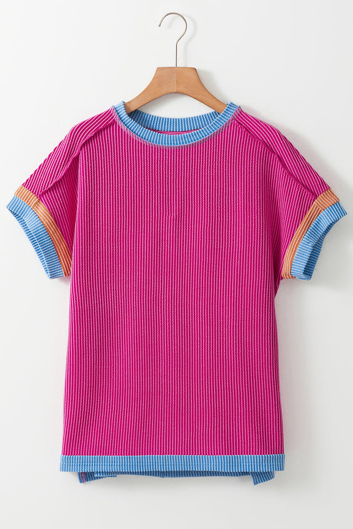 T-shirt à col rond et bordure contrastée texturé rose vif