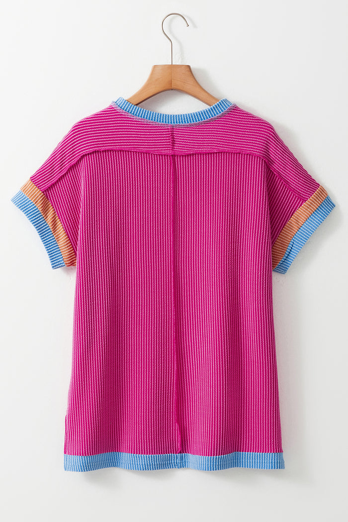 T-shirt à col rond et bordure contrastée texturé rose vif