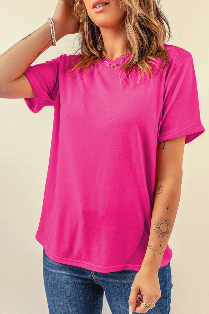 T-shirt décontracté uni à col rond rose rouge