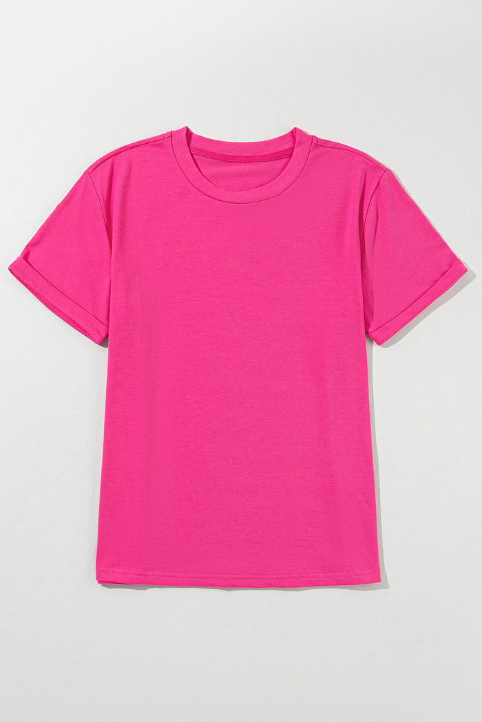 T-shirt décontracté uni à col rond rose rouge