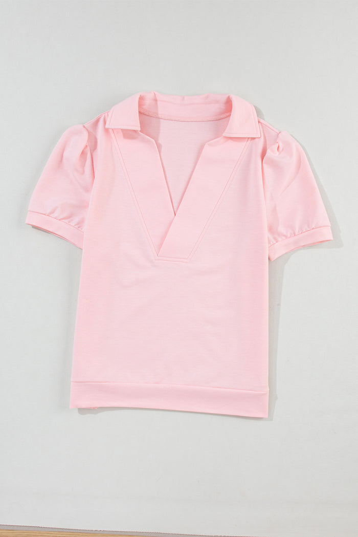 T-shirt rose à col en V et manches bouffantes