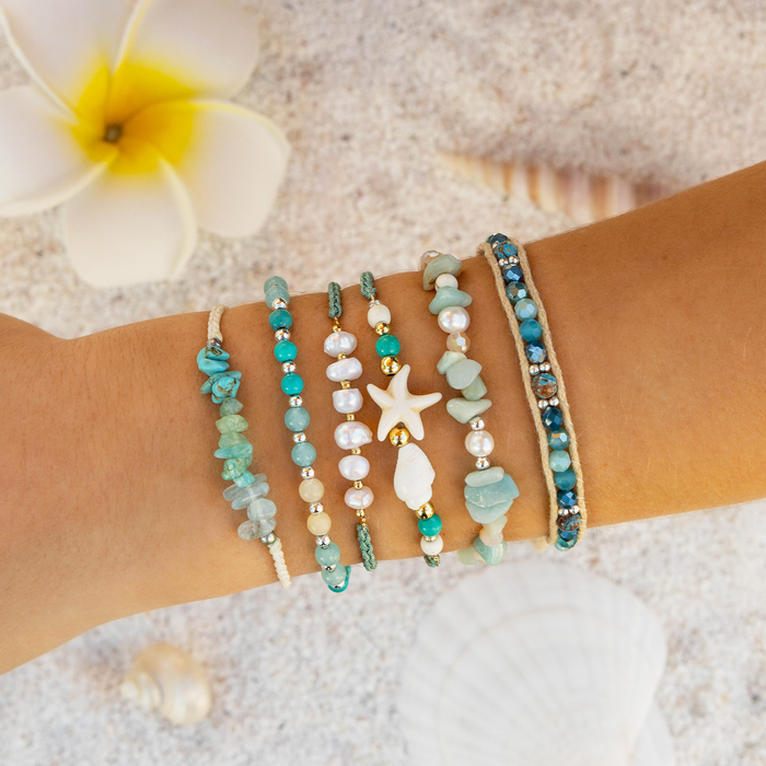 Teal Horizons Healing Bracelet, stacked on wrist
