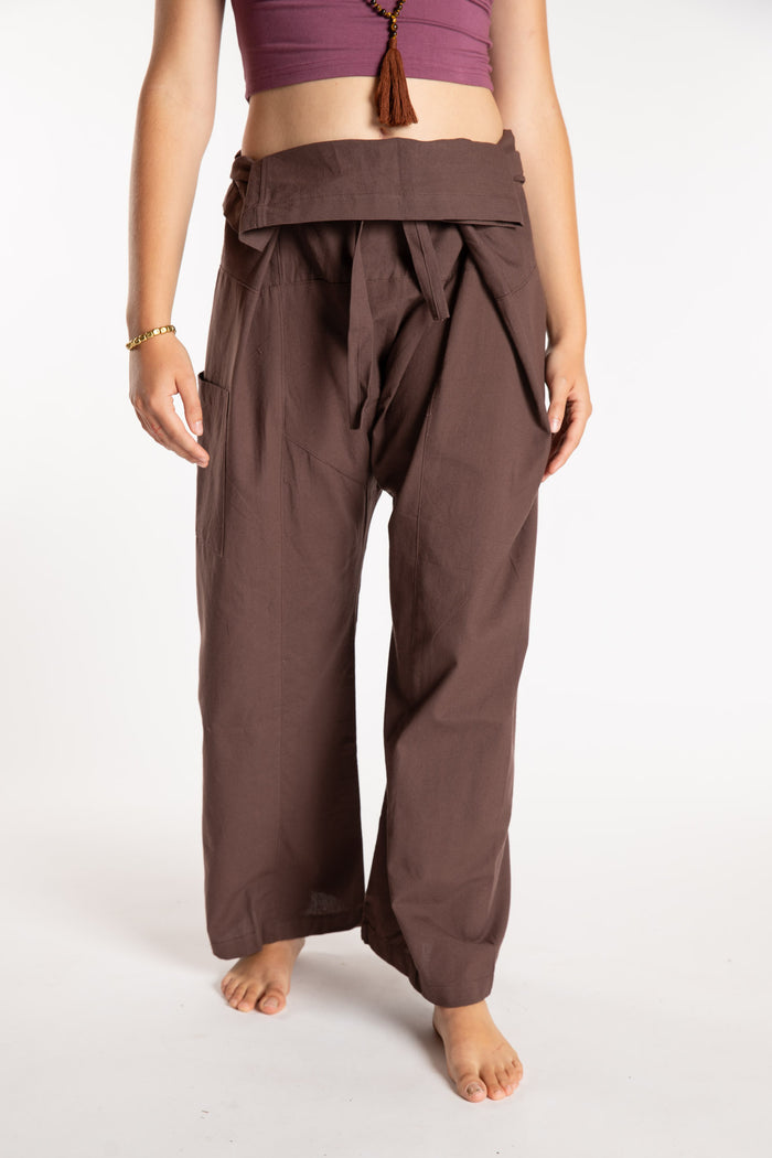 Emily is wearing the Brown Thai Fisherman Pocket Pants