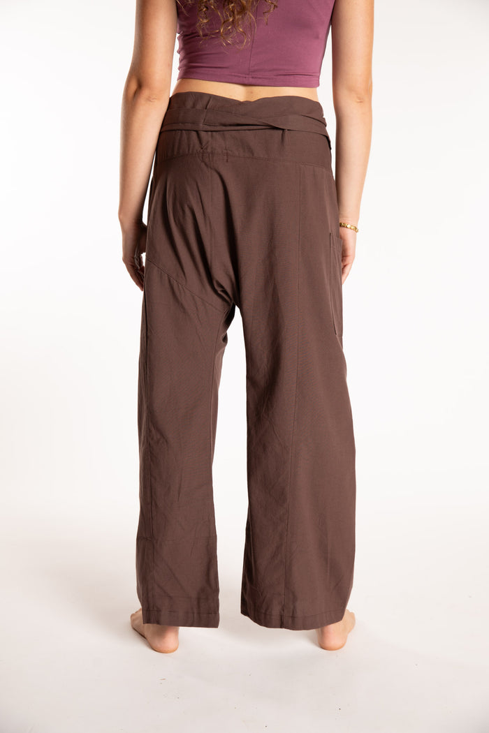 Emily is wearing the Brown Thai Fisherman Pocket Pants