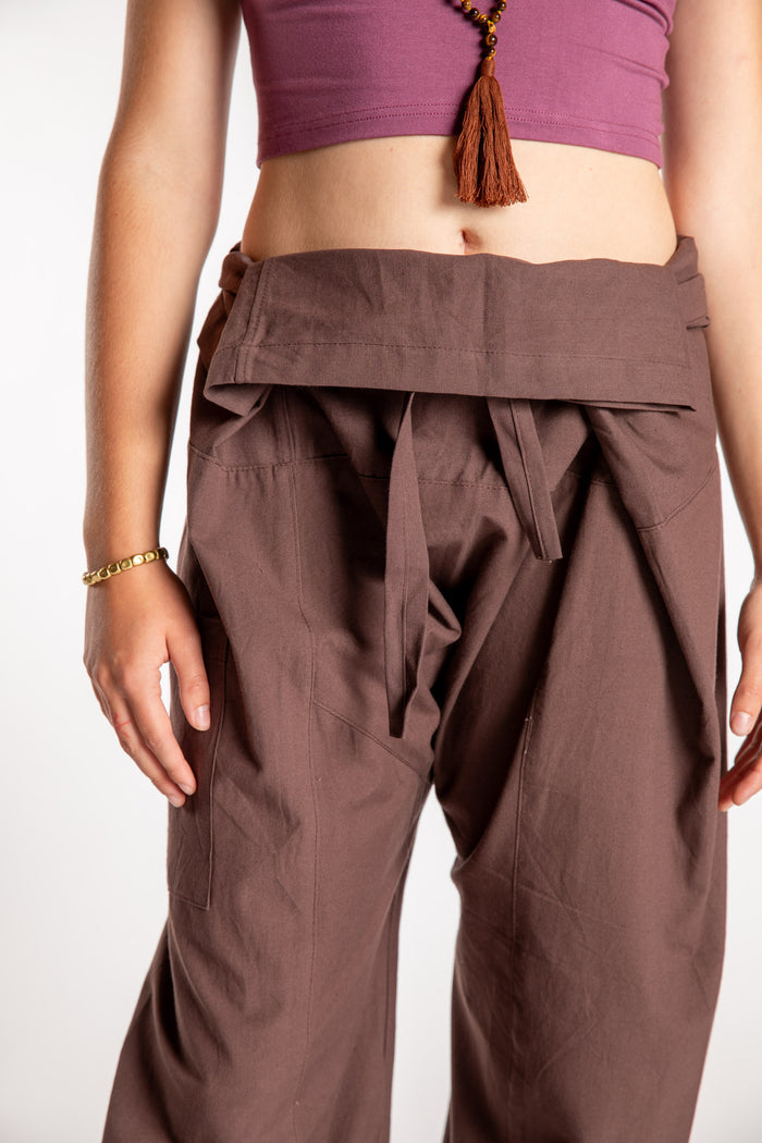 Emily is wearing the Brown Thai Fisherman Pocket Pants