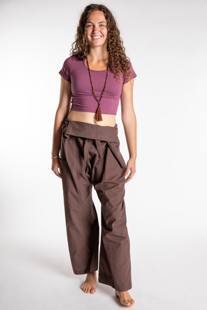 Emily is wearing the Brown Thai Fisherman Pocket Pants
