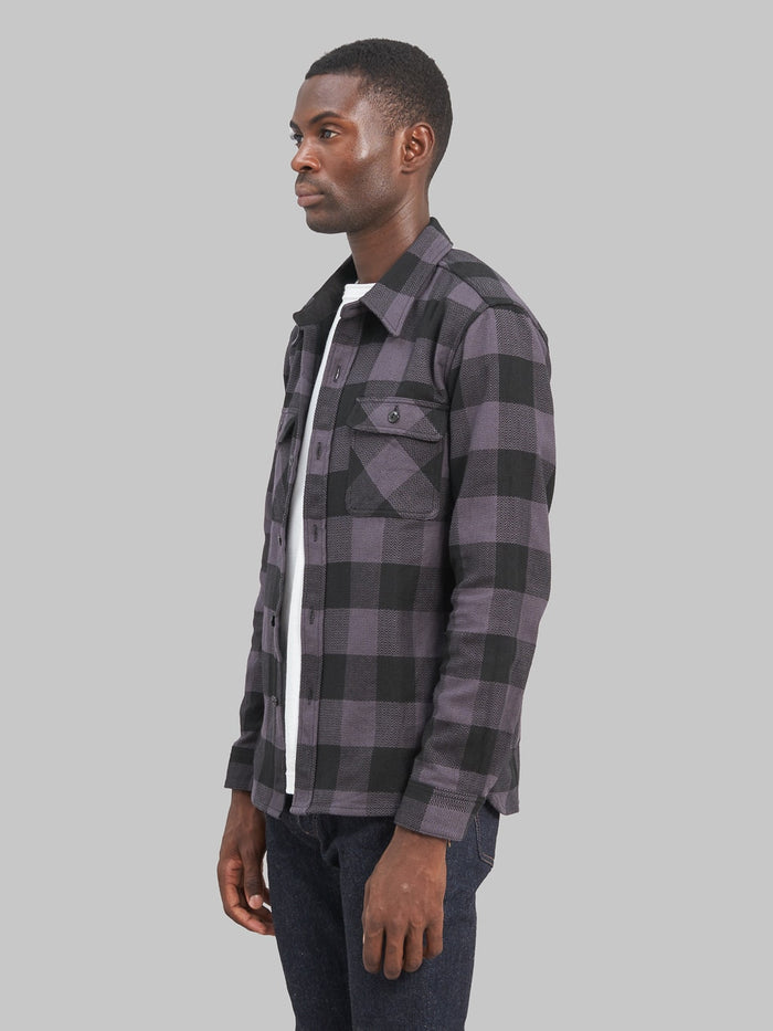 The Flat Head Block Check Flannel Shirt Grey model side fit