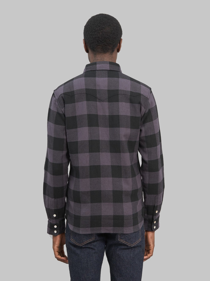 The Flat Head Block Check Flannel Western Shirt Grey Black back fit