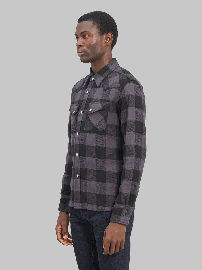 The Flat Head Block Check Flannel Western Shirt Grey Black side fit