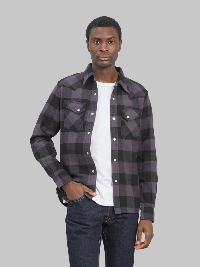 The Flat Head Block Check Flannel Western Shirt Grey Black styled