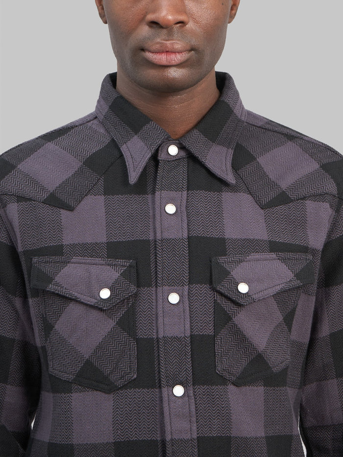 The Flat Head Block Check Flannel Western Shirt Grey Black chest