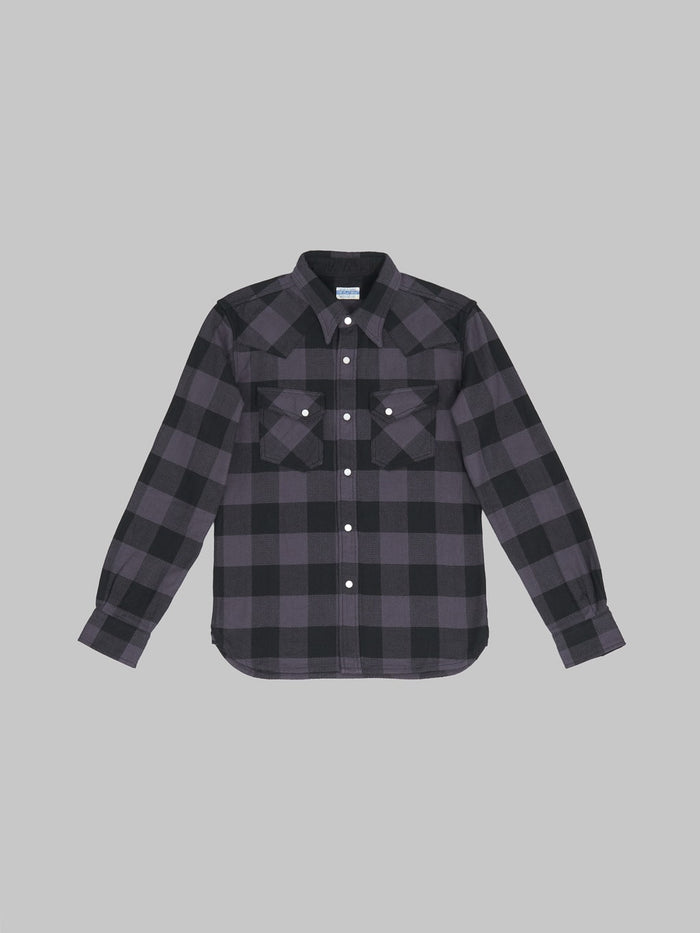 The Flat Head Block Check Flannel Western Shirt Grey Black front