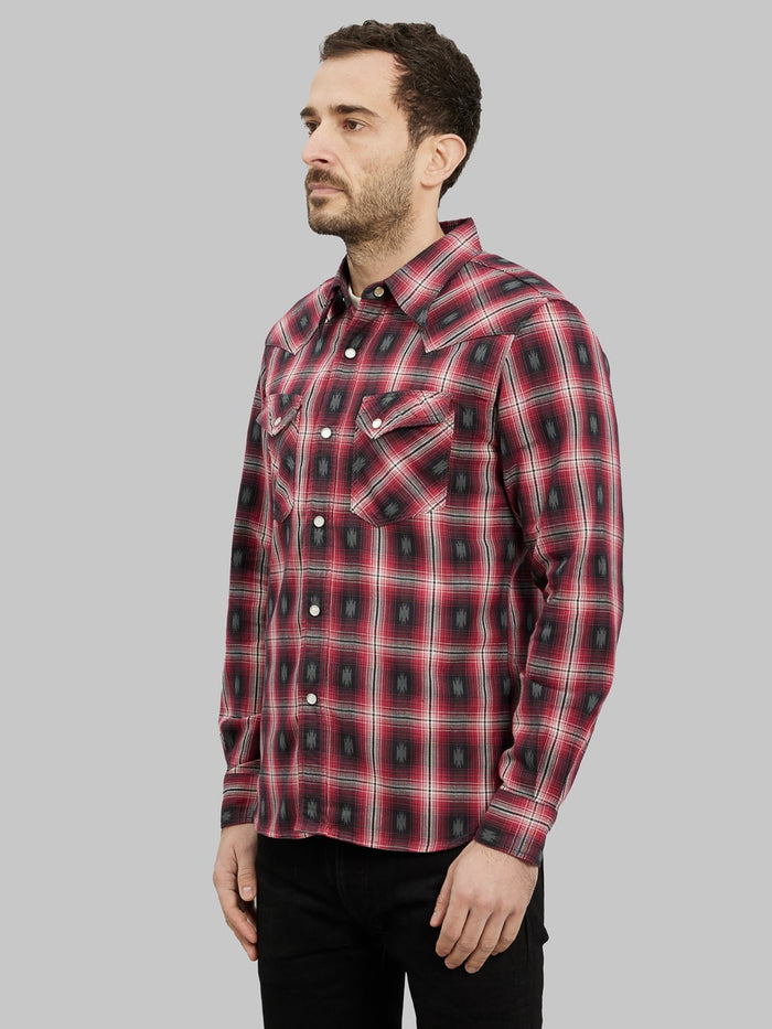The Flat Head Native Check Western Shirt Red model side fit
