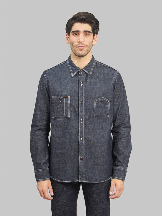 The Strike Gold Grey Slub Selvedge Denim Work Shirt model front fit