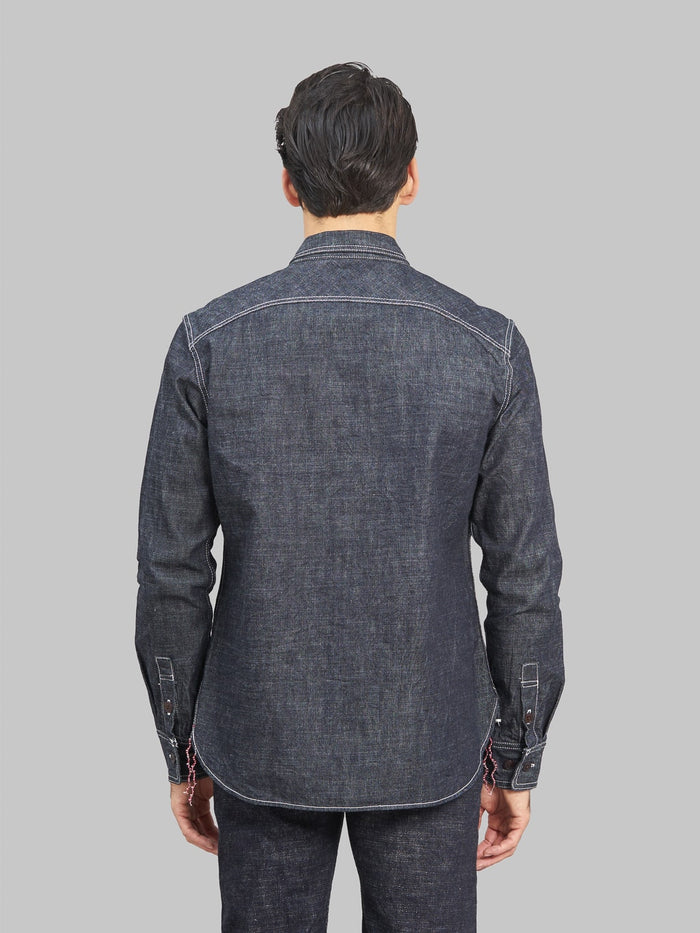 The Strike Gold Grey Slub Selvedge Denim Work Shirt model back fit