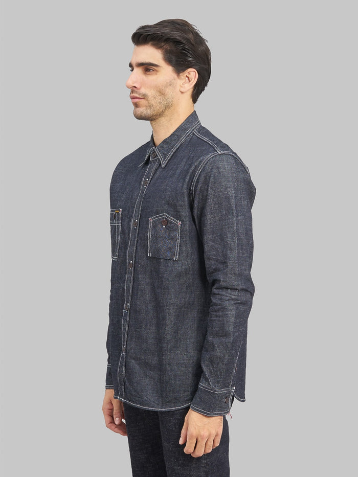 The Strike Gold Grey Slub Selvedge Denim Work Shirt model side fit