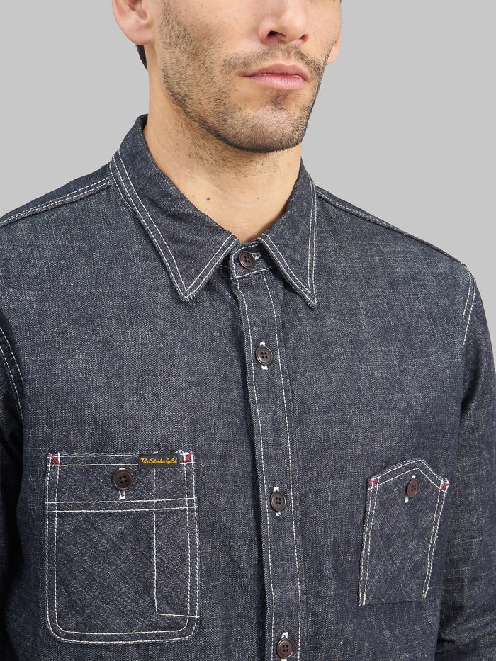 The Strike Gold Grey Slub Selvedge Denim Work Shirt chest