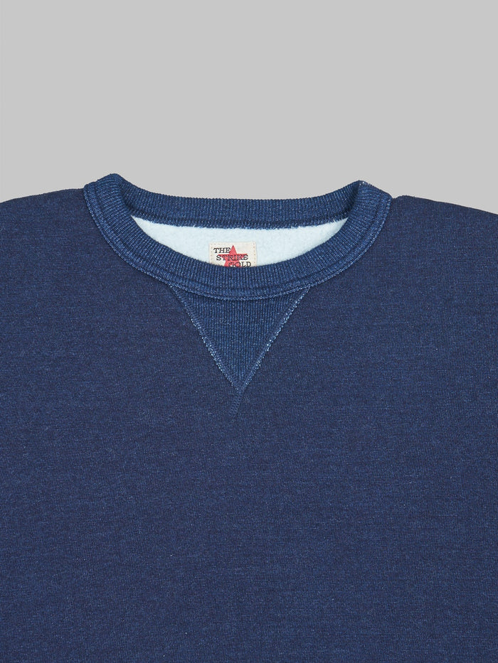 The Strike Gold Indigo Yarn Dyed Loopwheeled Sweatshirt collar closeup