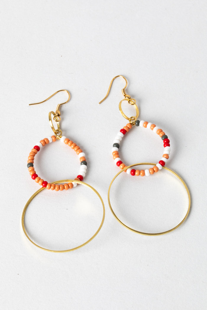 Three Ring Beaded Hoop Earrings in Coral
