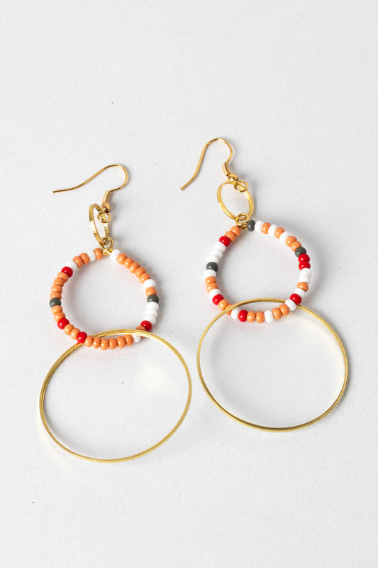 Three Ring Beaded Hoop Earrings in Coral