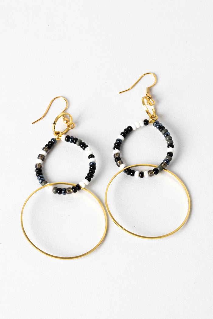 Three Ring Beaded Hoop Earrings in Black