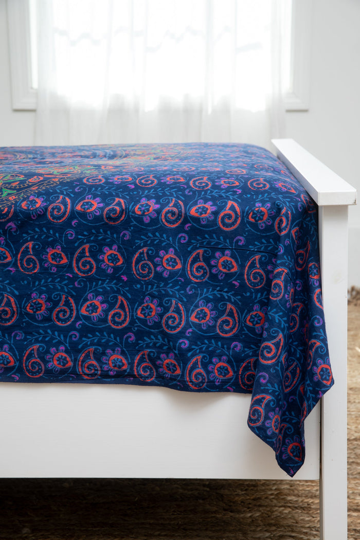 Block print elephant mandala tapestry in blue