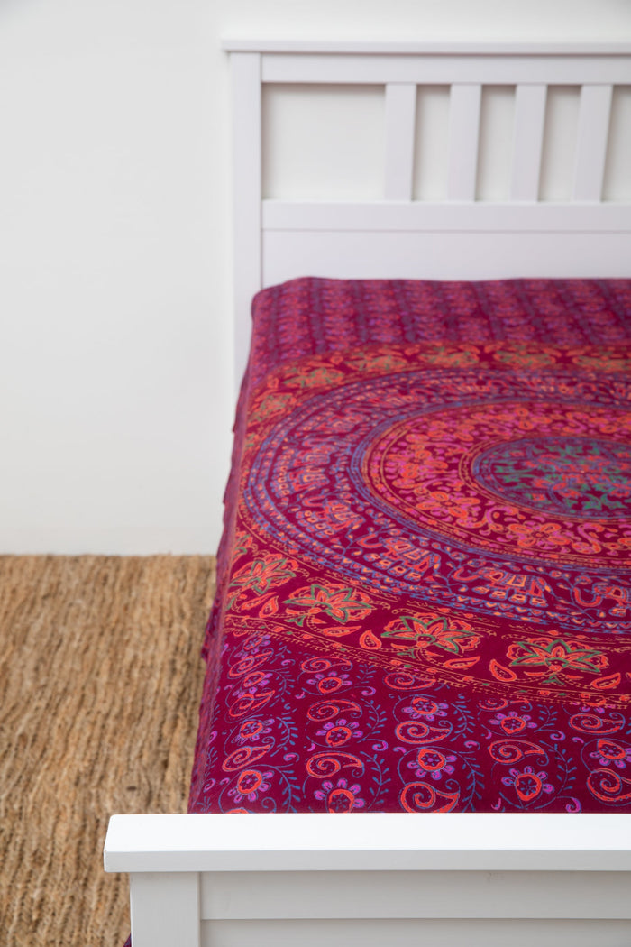 Block print elephant mandala tapestry in maroon