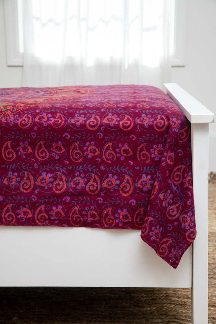 Block print elephant mandala tapestry in maroon