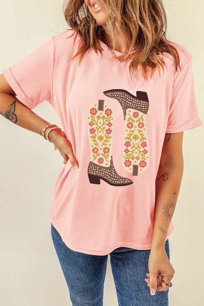 Trendy Boot Graphic Round Neck T-Shirt for Casual Comfort