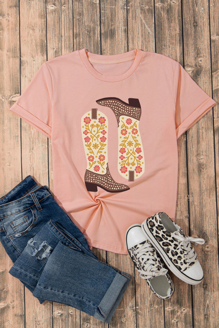 Trendy Boot Graphic Round Neck T-Shirt for Casual Comfort