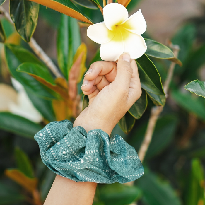Tribal Scrunchie Pack of 3, worn in a beach bun