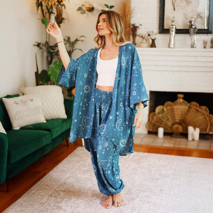 Turquoise Cosmic Sky Harem Pants, taking a selfie
