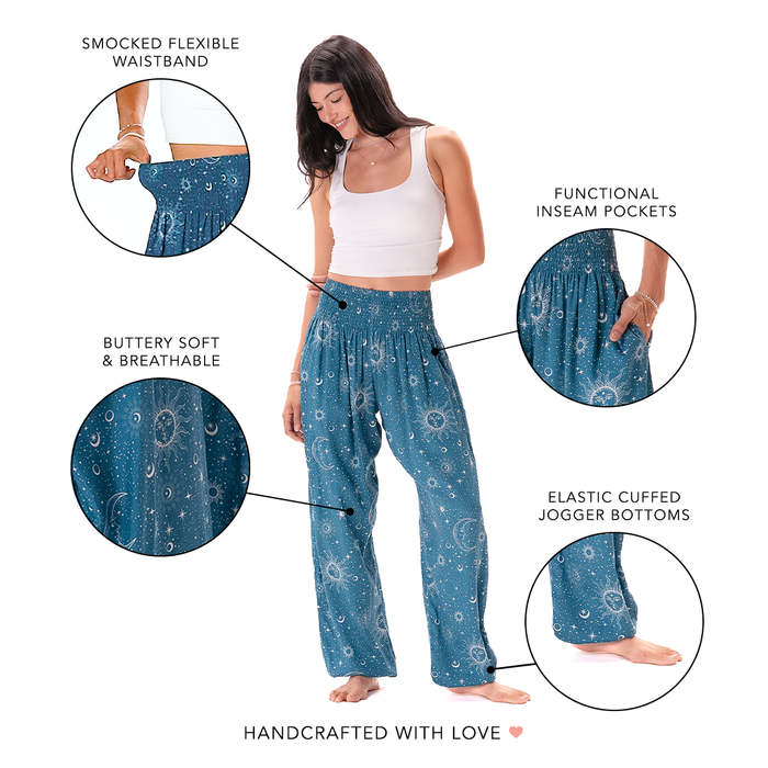 Turquoise Cosmic Sky Harem Pants, feature callouts