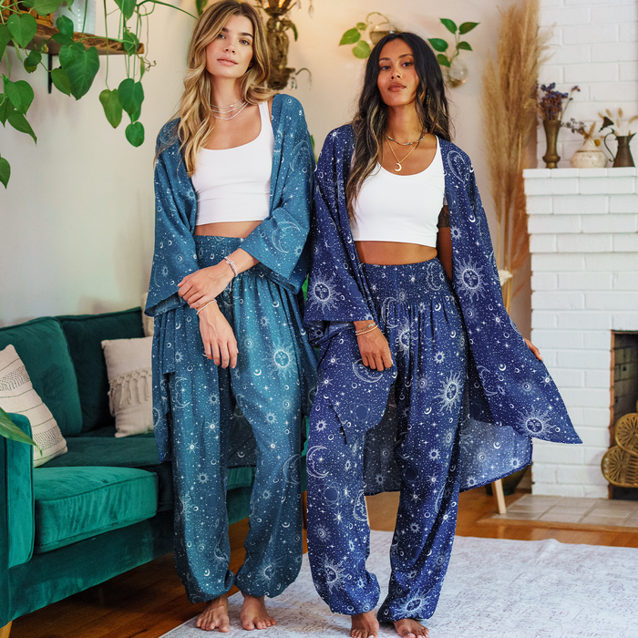 Turquoise Cosmic Sky Harem Pants, styled with two models