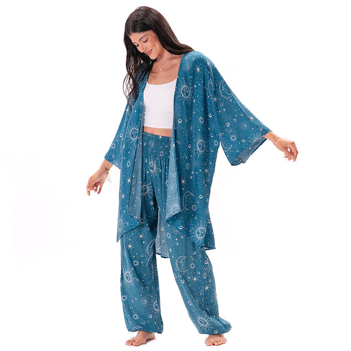 Turquoise Cosmic Sky Harem Pants, front, kimono open