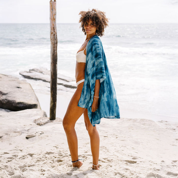 Turquoise Tide Demi Kimono, worn on the beach
