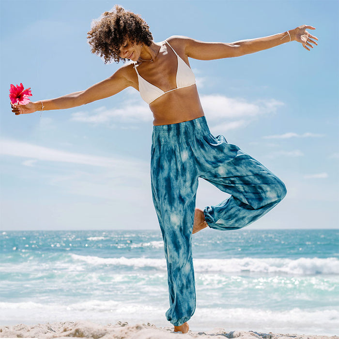 Turquoise Tide Harem Pants, tree pose on the beach