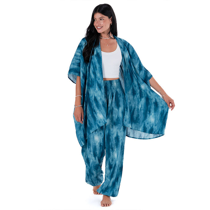 Turquoise Tide Harem Pants, styled with kimono