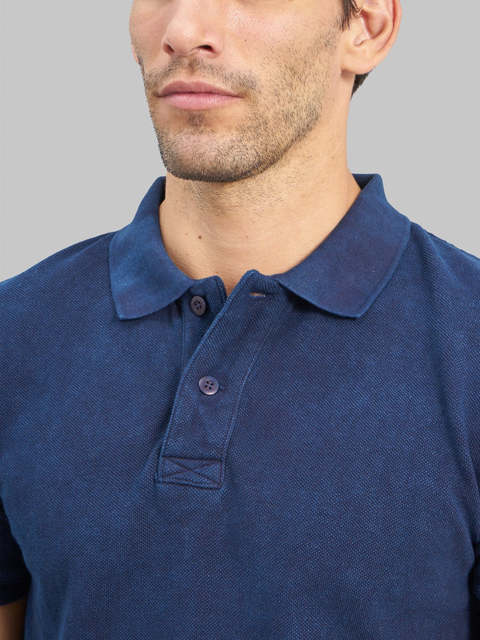 ues polo shirt indigo collar front buttons