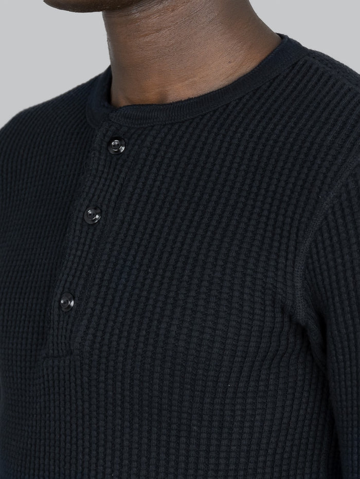 UES Thermal Big Waffle Henley TShirt Black button detail