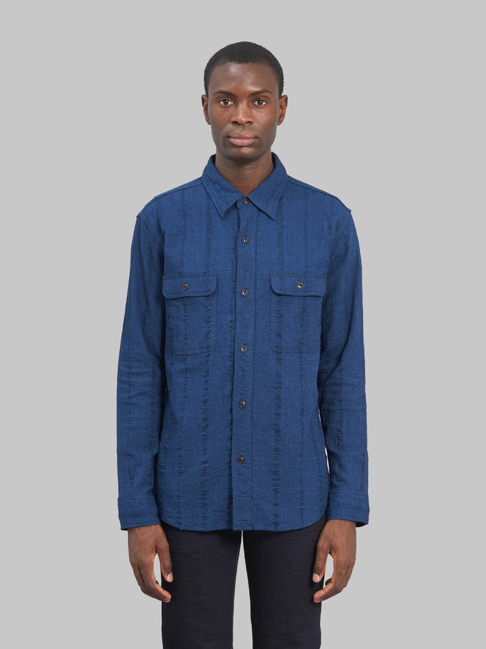 ues twisted yarn triple stitch indigo shirt model front fit