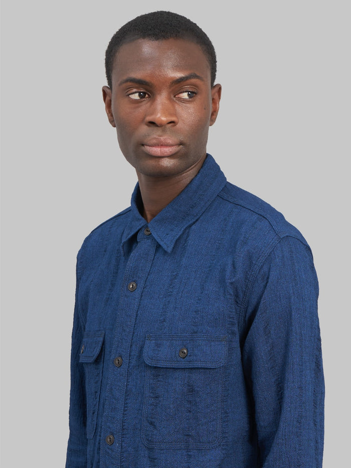 ues twisted yarn triple stitch indigo shirt  chest details