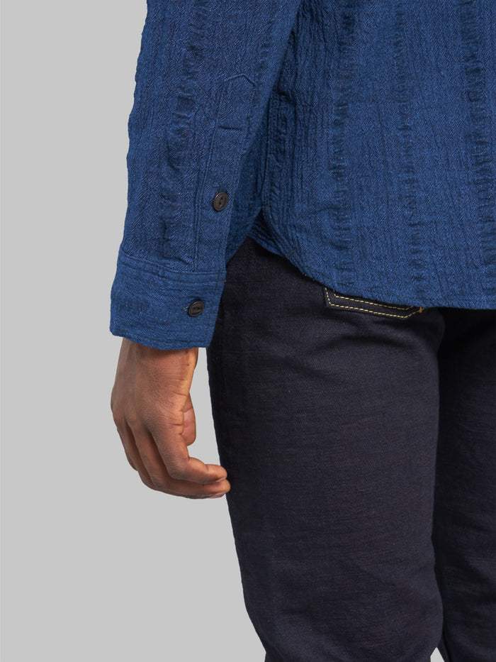 ues twisted yarn triple stitch indigo shirt  cuff details