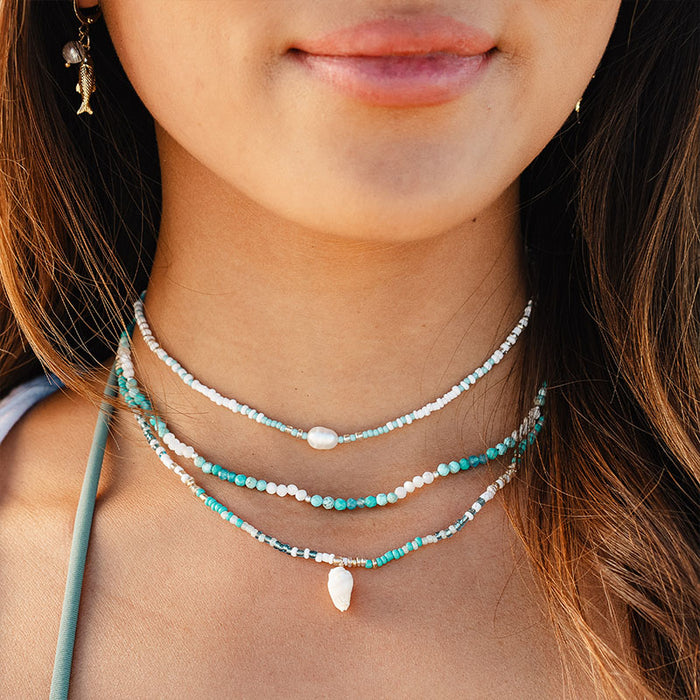 Wavebreak Seed Bead Necklace, layered on neck