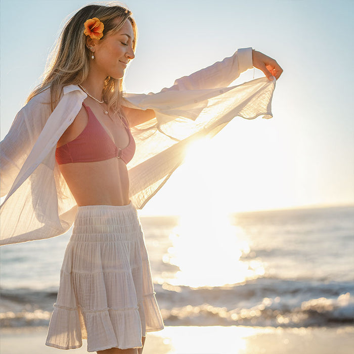 White Girlfriend Button Up, worn at sunset